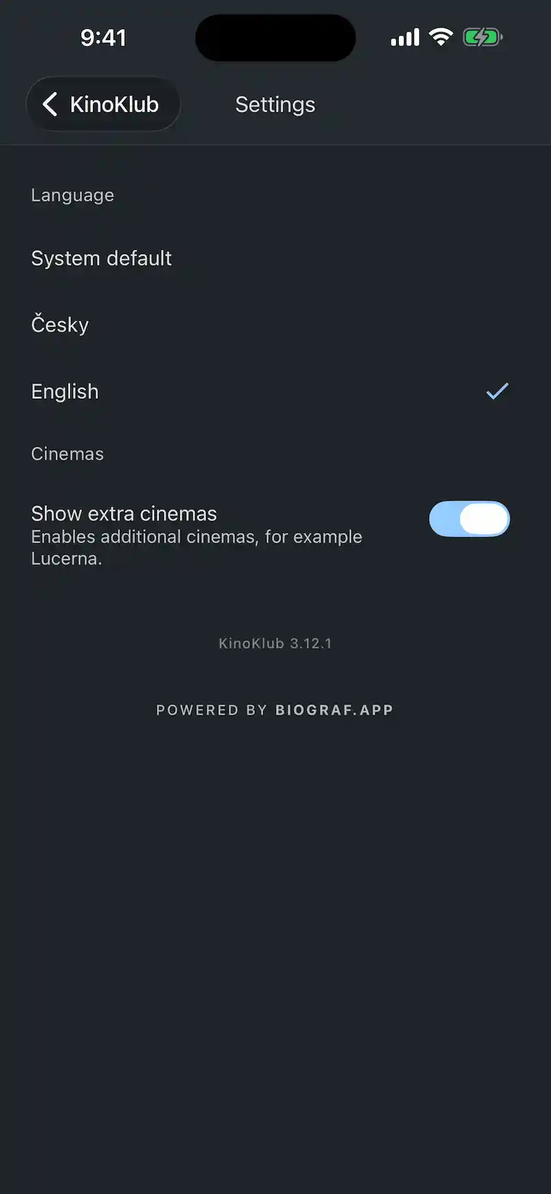 KinoKlub app — settings
