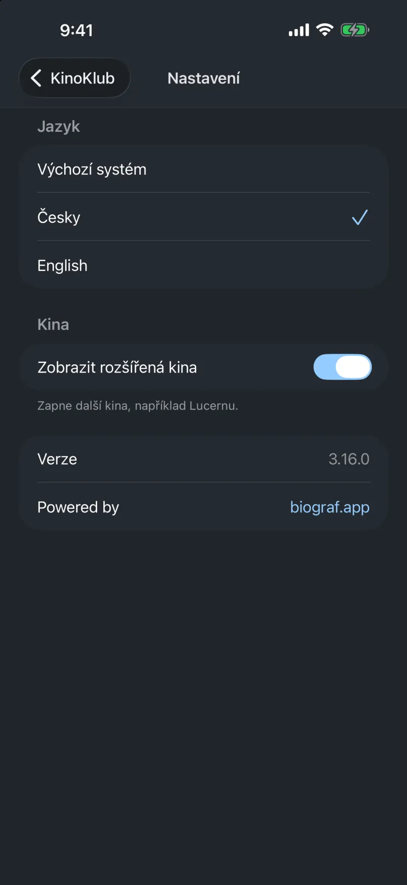 KinoKlub app — settings