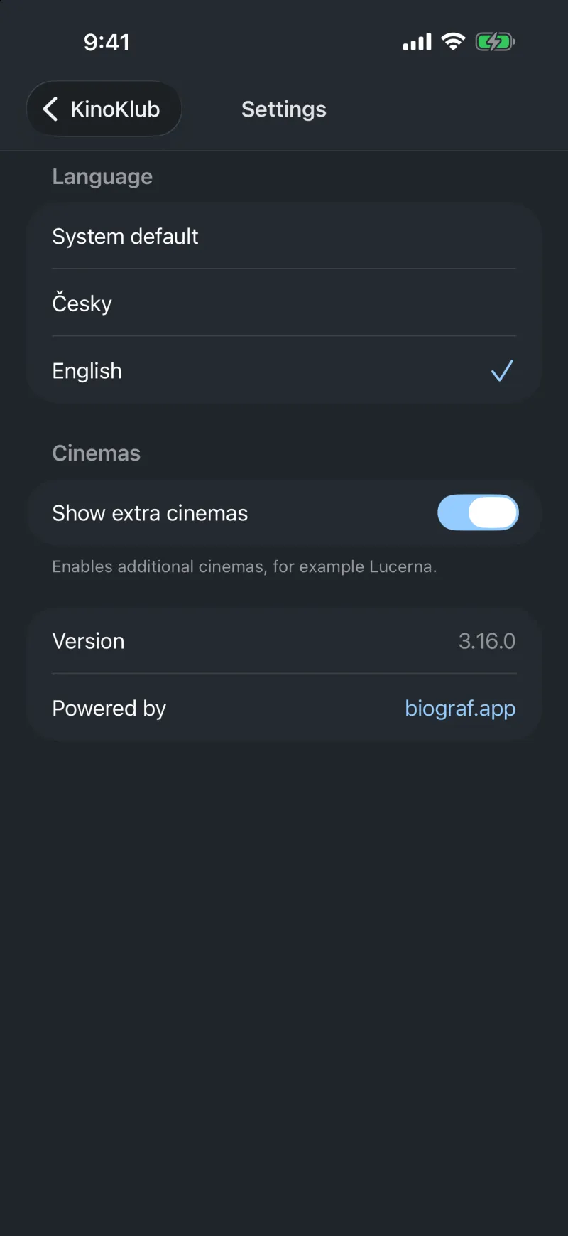 KinoKlub app — settings